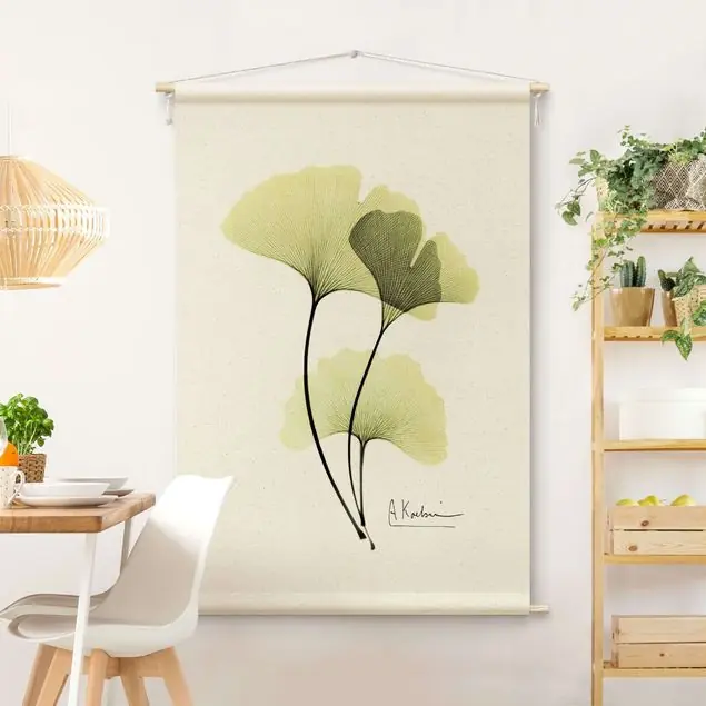 Schnäppchen X-Ray - Ginkgo Wandteppich • Handarbeit aus Deutschland • inkl. Rundhölzer & Baumwollseil • lösemittelfrei • natürliche Raumwirkung