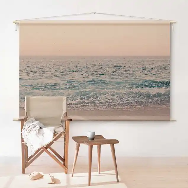 Kostenloser Versand Roségoldener Strand am Morgen Wandteppich • Handarbeit aus Deutschland • inkl. Rundhölzer & Baumwollseil • lösemittelfrei • natürliche Raumwirkung