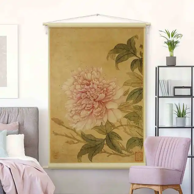 Yun Shouping - Chrysantheme Wandteppich • Handarbeit aus Deutschland • inkl. Rundhölzer & Baumwollseil • lösemittelfrei • natürliche Raumwirkung Expressversand