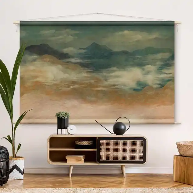 Sale Himmelhohe Berglandschaft Wandteppich • Handarbeit aus Deutschland • inkl. Rundhölzer & Baumwollseil • lösemittelfrei • natürliche Raumwirkung