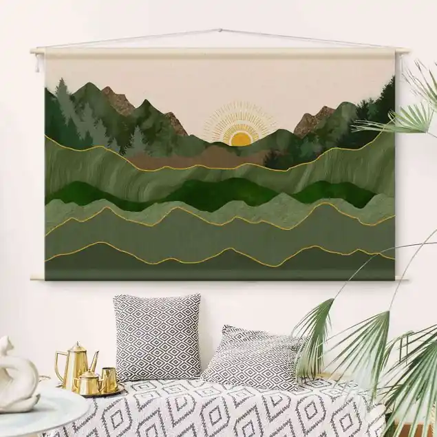 Preisknaller Grafische Landschaft mit Sonne Wandteppich • Handarbeit aus Deutschland • inkl. Rundhölzer & Baumwollseil • lösemittelfrei • natürliche Raumwirkung