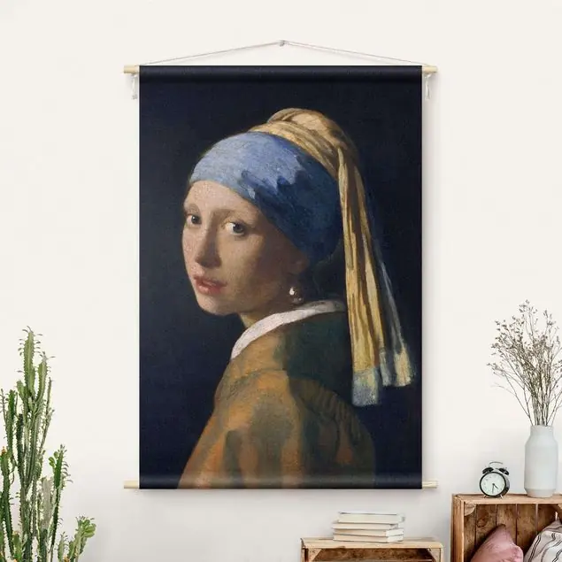 Versand Am Gleichen Tag Jan Vermeer van Delft - Das Mädchen mit dem Perlenohrgehänge Wandteppich • Handarbeit aus Deutschland • inkl. Rundhölzer & Baumwollseil • lösemittelfrei • natürliche Raumwirkung
