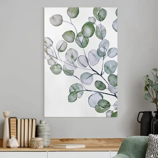 Billig Grünes Aquarell Eukalyptuszweig Leinwandbild • hergestellt in Deutschland • langlebiges Canvas mit Holzkeilrahmen • klassische Struktur • 260 g/m²