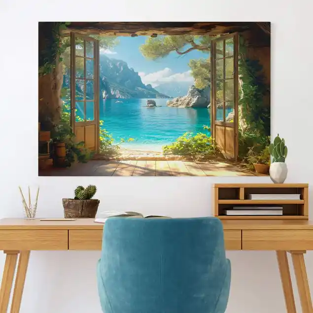 Traumhafter Ausblick durchs Fenster Leinwandbild • hergestellt in Deutschland • langlebiges Canvas mit Holzkeilrahmen • klassische Struktur • 260 g/m² Ausverkauf