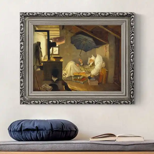 Carl Spitzweg - Der arme Poet Brillantes Leinwandbild • inkl. silbernem Barockrahmen • Made in Germany • filigrane Verzierungen in Antikoptik • perfektes Eyecatcher-Piece Neu
