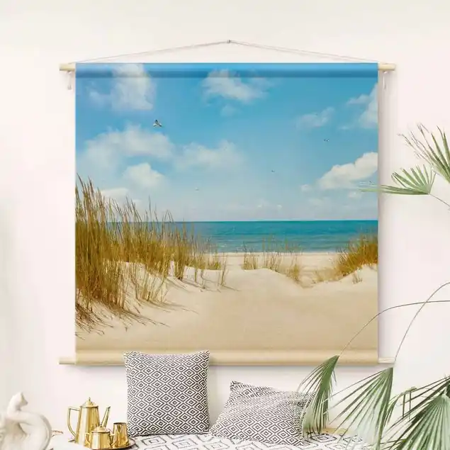 Angebot Strand an der Nordsee Wandteppich • Handarbeit aus Deutschland • inkl. Rundhölzer & Baumwollseil • lösemittelfrei • natürliche Raumwirkung
