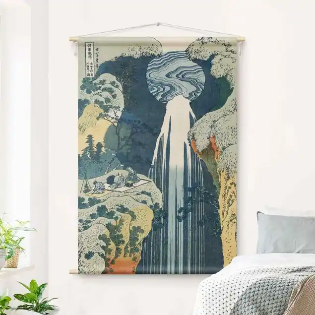 Direktkauf Katsushika Hokusai - Der Wasserfall von Amida Wandteppich • Handarbeit aus Deutschland • inkl. Rundhölzer & Baumwollseil • lösemittelfrei • natürliche Raumwirkung