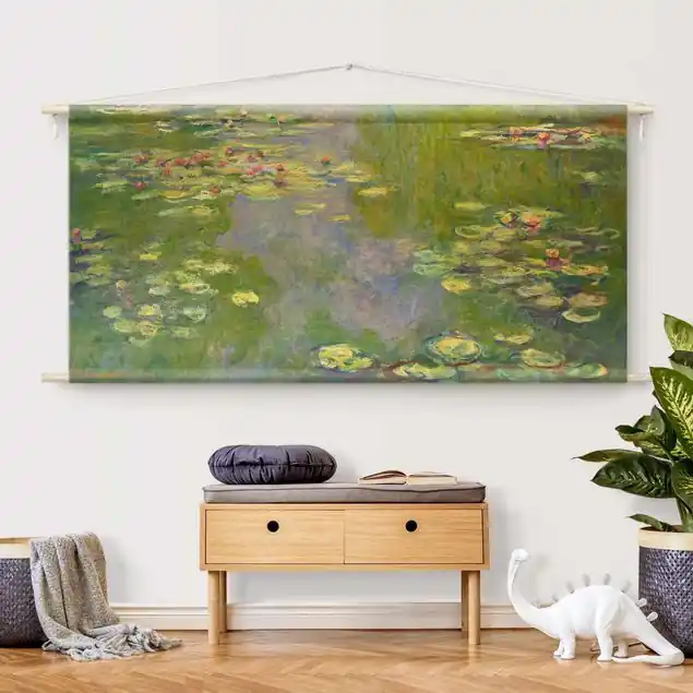 Meistverkauft Claude Monet - Grüne Seerosen Wandteppich • Handarbeit aus Deutschland • inkl. Rundhölzer & Baumwollseil • lösemittelfrei • natürliche Raumwirkung