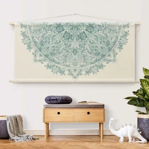 Mandala Aquarell Ornament halbkreis Türkis Wandteppich • Handarbeit aus Deutschland • inkl. Rundhölzer & Baumwollseil • lösemittelfrei • natürliche Raumwirkung Nur Heute