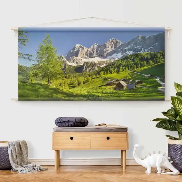 Mega-Angebot Steiermark Almwiese Wandteppich • Handarbeit aus Deutschland • inkl. Rundhölzer & Baumwollseil • lösemittelfrei • natürliche Raumwirkung