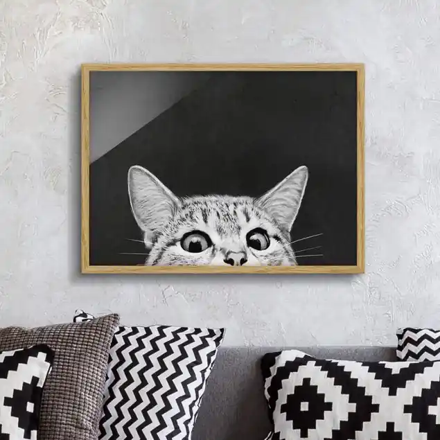 Neu Illustration Katze Schwarz Weiß Zeichnung Bild mit Rahmen in Manufakturqualität • Eiche naturbelassen • inkl. Rahmung von Hand • Made in Germany