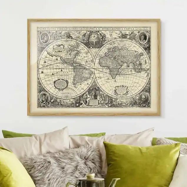 Sonderaktion Vintage Weltkarte Antike Illustration Bild mit Rahmen in Manufakturqualität • Eiche naturbelassen • inkl. Rahmung von Hand • Made in Germany