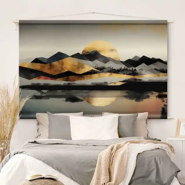 Knallerangebot Geometrische Landschaft Wandteppich • Handarbeit aus Deutschland • inkl. Rundhölzer & Baumwollseil • lösemittelfrei • natürliche Raumwirkung