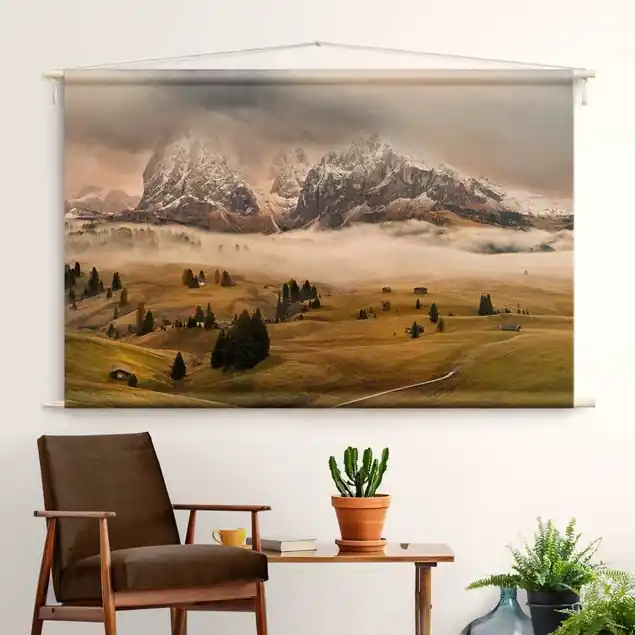 Preisreduziert Dolomiten Mythen Wandteppich • Handarbeit aus Deutschland • inkl. Rundhölzer & Baumwollseil • lösemittelfrei • natürliche Raumwirkung