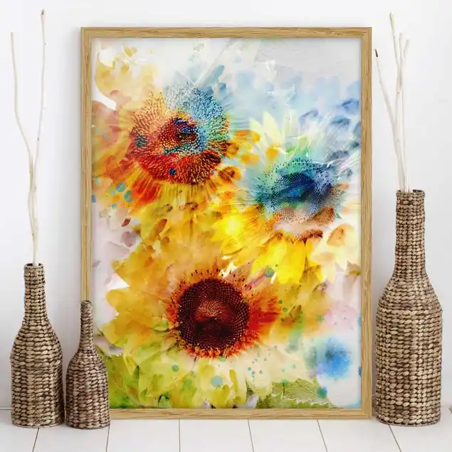 Aquarell Blumen Sonnenblumen Bild mit Rahmen in Manufakturqualität • Eiche naturbelassen • inkl. Rahmung von Hand • Made in Germany Angebot