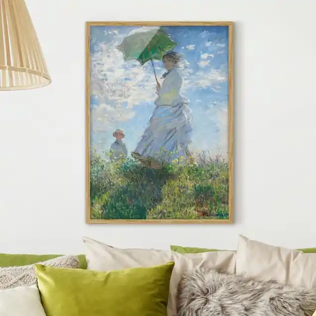 Claude Monet - Frau mit Sonnenschirm Bild mit Rahmen in Manufakturqualität • Eiche naturbelassen • inkl. Rahmung von Hand • Made in Germany Top-Preis