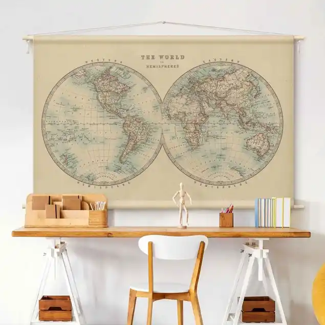 Neue Ware Vintage Weltkarte Die zwei Hemispheren Wandteppich • Handarbeit aus Deutschland • inkl. Rundhölzer & Baumwollseil • lösemittelfrei • natürliche Raumwirkung