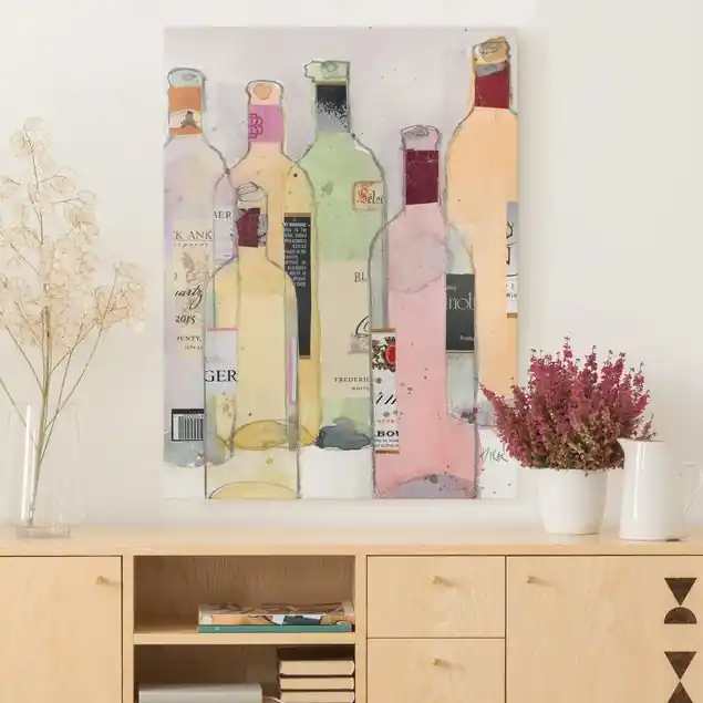 Preisknaller Weinflaschen in Wasserfarbe I Leinwandbild • hergestellt in Deutschland • langlebiges Canvas mit Holzkeilrahmen • klassische Struktur • 260 g/m²