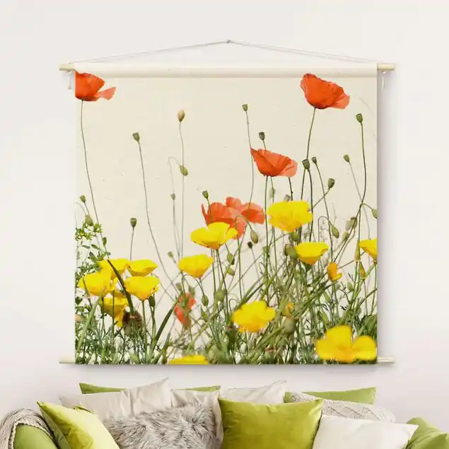 Wild Flowers Wandteppich • Handarbeit aus Deutschland • inkl. Rundhölzer & Baumwollseil • lösemittelfrei • natürliche Raumwirkung Garantierte Lieferung