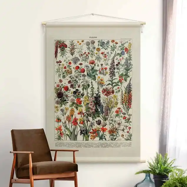 Vintage Lehrtafel Blumen IV Wandteppich • Handarbeit aus Deutschland • inkl. Rundhölzer & Baumwollseil • lösemittelfrei • natürliche Raumwirkung Meistverkauft