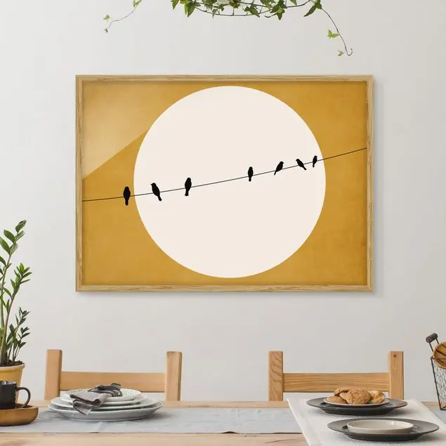 Zwitschernde Vögel in der Abenddämmerung Bild mit Rahmen in Manufakturqualität • Eiche naturbelassen • inkl. Rahmung von Hand • Made in Germany Kostenloser Versand