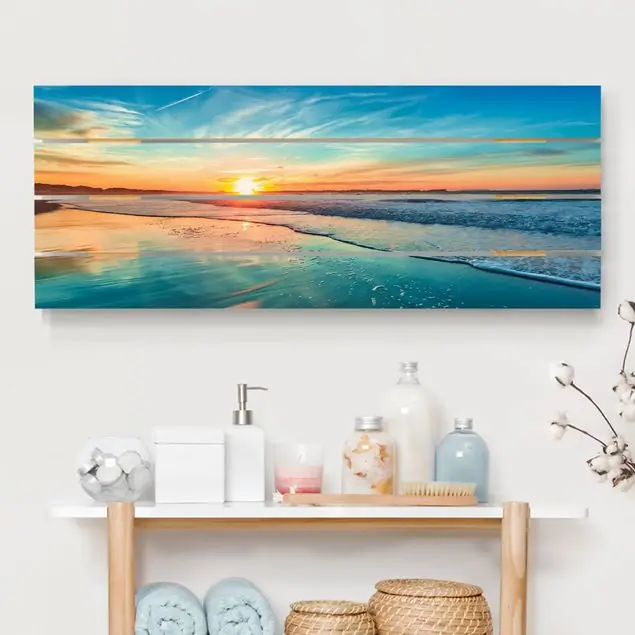 Abverkauf Romantischer Sonnenuntergang am Meer Holzbild Plankenoptik - Panorama