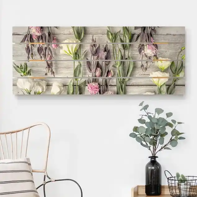 Shabby Rosen auf Holz Holzbild Plankenoptik - Panorama Echt