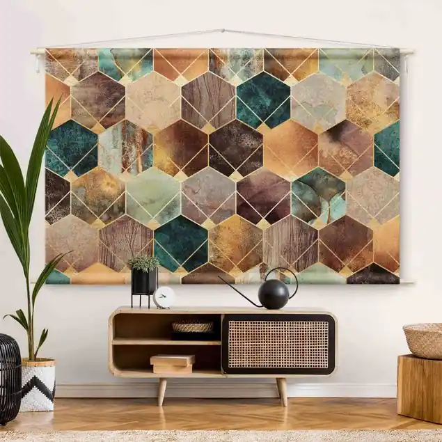 Wochenendangebot Türkise Geometrie goldenes Art Deco Wandteppich • Handarbeit aus Deutschland • inkl. Rundhölzer & Baumwollseil • lösemittelfrei • natürliche Raumwirkung