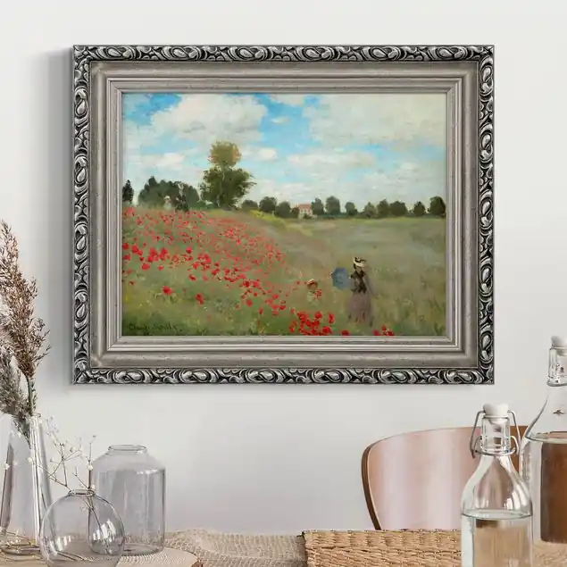 Kostenloser Rückversand Claude Monet - Mohnfeld bei Argenteuil Brillantes Leinwandbild • inkl. silbernem Barockrahmen • Made in Germany • filigrane Verzierungen in Antikoptik • perfektes Eyecatcher-Piece