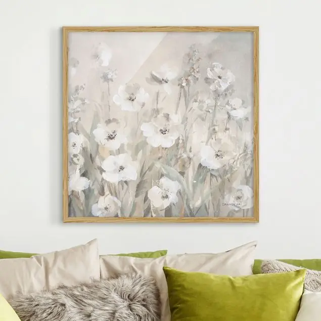 Kracherpreis Weiße sommerliche Blumen Bild mit Rahmen in Manufakturqualität • Eiche naturbelassen • inkl. Rahmung von Hand • Made in Germany