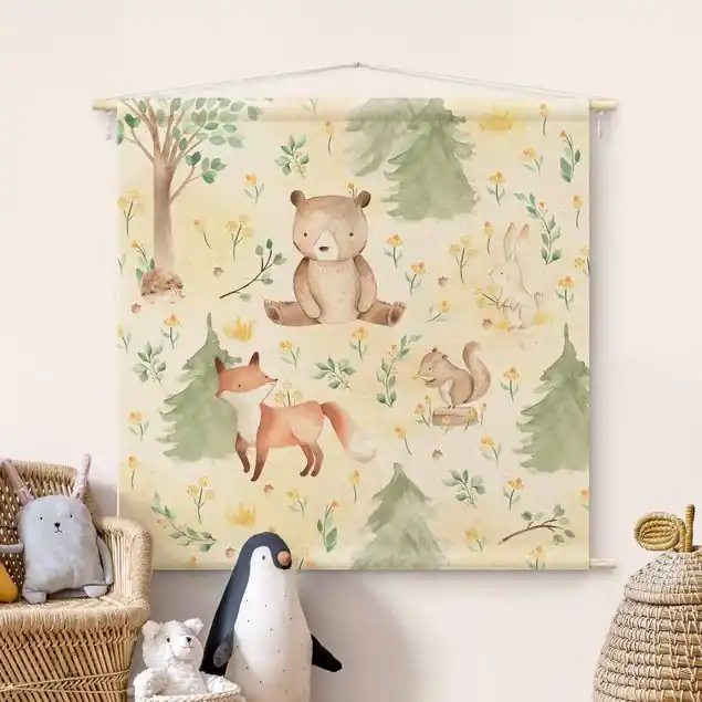 Beliebt Fuchs und Bär mit Blumen und Bäumen Wandteppich • Handarbeit aus Deutschland • inkl. Rundhölzer & Baumwollseil • lösemittelfrei • natürliche Raumwirkung