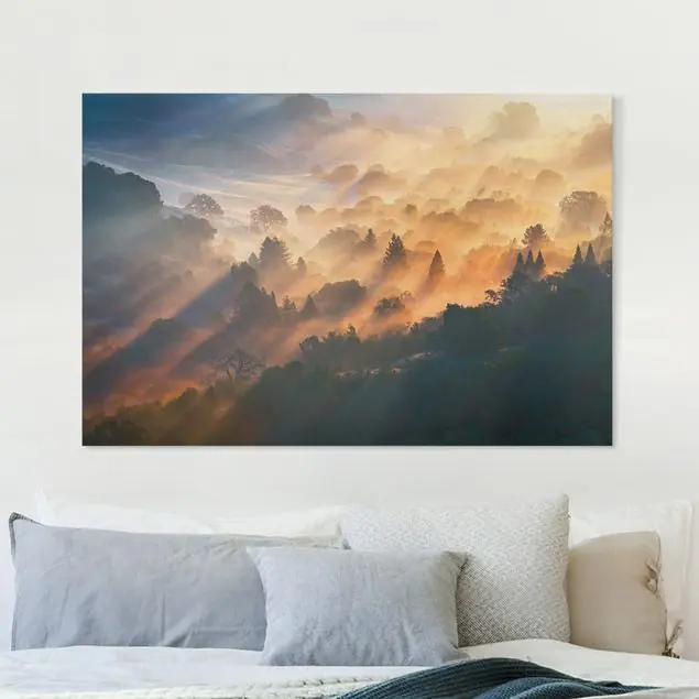 Sonderangebot Goldene Stunde im Nebel Wald Leinwandbild • hergestellt in Deutschland • langlebiges Canvas mit Holzkeilrahmen • klassische Struktur • 260 g/m²
