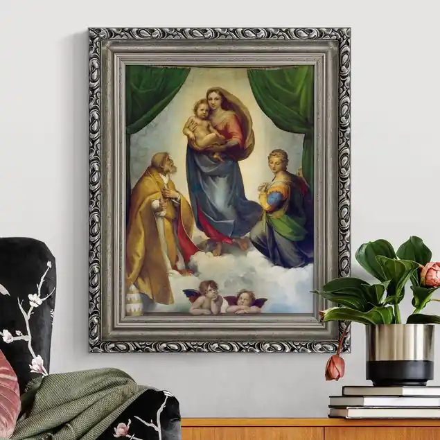 Raffael - Die Sixtinische Madonna Brillantes Leinwandbild • inkl. silbernem Barockrahmen • Made in Germany • filigrane Verzierungen in Antikoptik • perfektes Eyecatcher-Piece Direkt Vom Hersteller