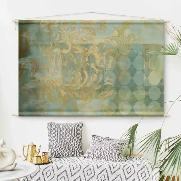 Marokkanische Collage in Gold und Türkis Wandteppich • Handarbeit aus Deutschland • inkl. Rundhölzer & Baumwollseil • lösemittelfrei • natürliche Raumwirkung Gratis Versand