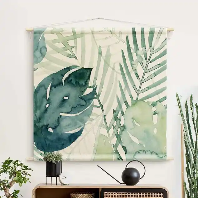 Palmwedel in Wasserfarbe I Wandteppich • Handarbeit aus Deutschland • inkl. Rundhölzer & Baumwollseil • lösemittelfrei • natürliche Raumwirkung Super-Preis