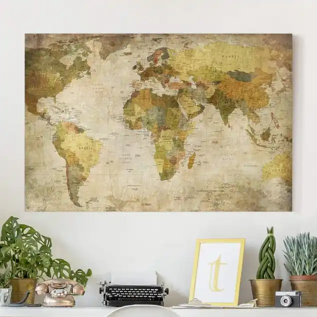 Angebot Weltkarte Leinwandbild • hergestellt in Deutschland • langlebiges Canvas mit Holzkeilrahmen • klassische Struktur • 260 g/m²