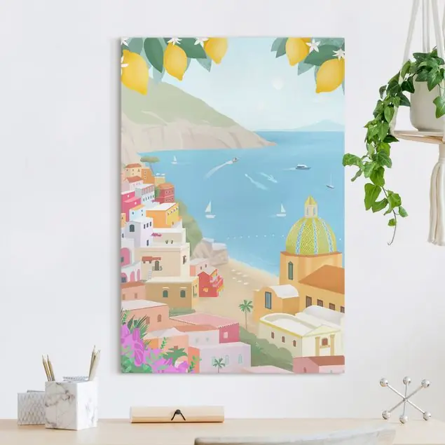 Schneller Versand Zitronen über Positano Leinwandbild • hergestellt in Deutschland • langlebiges Canvas mit Holzkeilrahmen • klassische Struktur • 260 g/m²