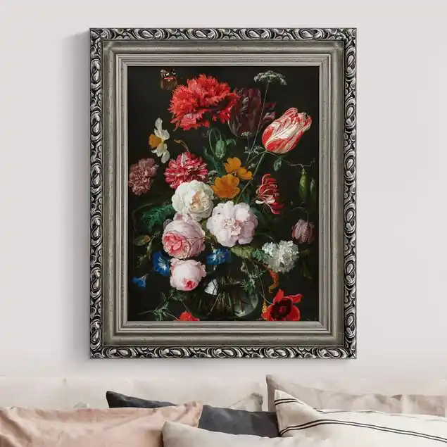 Jan Davidsz de Heem - Stillleben mit Blumen in einer Glasvase Brillantes Leinwandbild • inkl. silbernem Barockrahmen • Made in Germany • filigrane Verzierungen in Antikoptik • perfektes Eyecatcher-Piece Top-Angebot