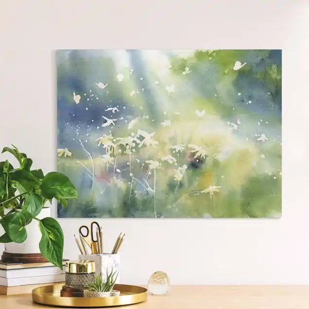 Begrenztes Angebot Schmetterlinge, Licht und Blumen Leinwandbild • hergestellt in Deutschland • langlebiges Canvas mit Holzkeilrahmen • klassische Struktur • 260 g/m²