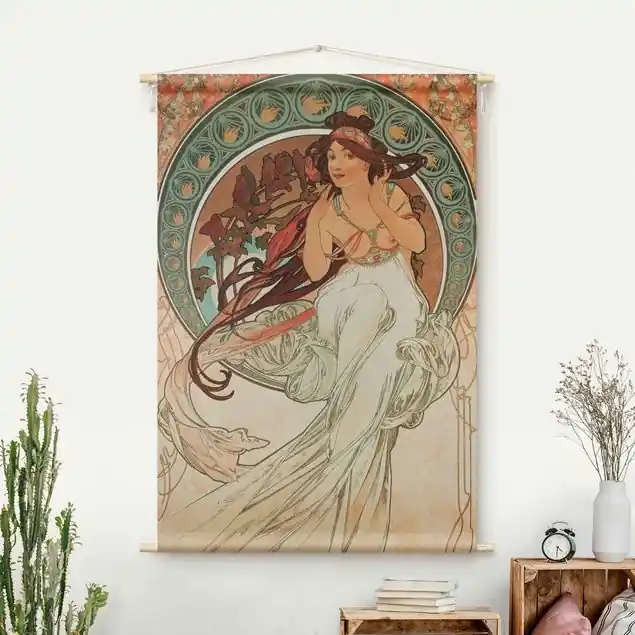 Beliebt Alfons Mucha - Vier Künste - Die Musik Wandteppich • Handarbeit aus Deutschland • inkl. Rundhölzer & Baumwollseil • lösemittelfrei • natürliche Raumwirkung
