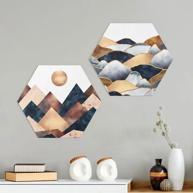 Geometrische & Goldene Berge Aquarell 2-teiliges Hexagon-Alu-Dibond Bild Nur Heute