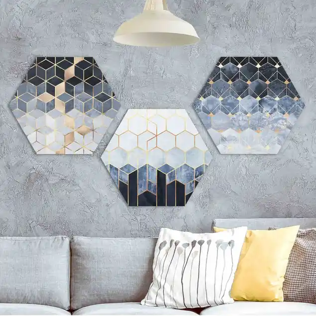 Blau Weiß goldene Sechsecke Set 3-teiliges Hexagon-Alu-Dibond Bild Kostenloser Versand