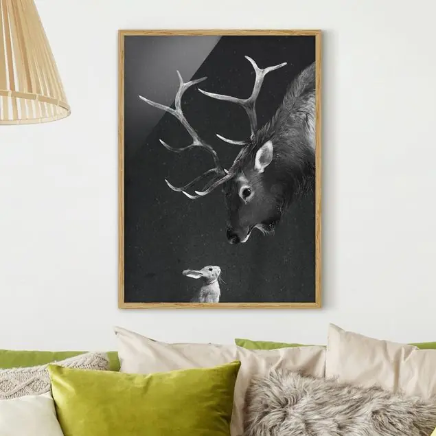Letzte Chance Illustration Hirsch und Hase Schwarz Weiß Malerei Bild mit Rahmen in Manufakturqualität • Eiche naturbelassen • inkl. Rahmung von Hand • Made in Germany