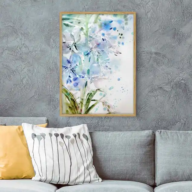 Aquarell Blumen Lilien Bild mit Rahmen in Manufakturqualität • Eiche naturbelassen • inkl. Rahmung von Hand • Made in Germany Super-Preis