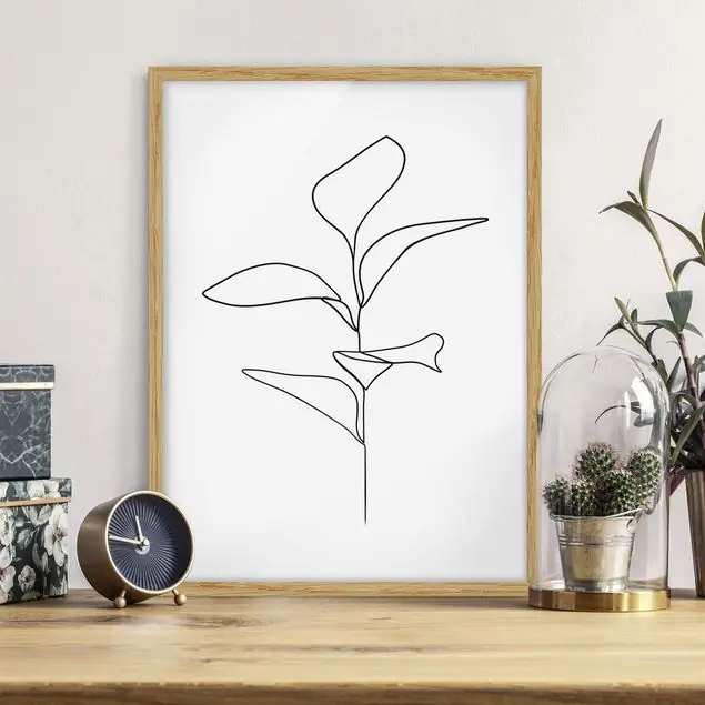 Top-Angebot Line Art Pflanze Blätter Schwarz Weiß Bild mit Rahmen in Manufakturqualität • Eiche naturbelassen • inkl. Rahmung von Hand • Made in Germany