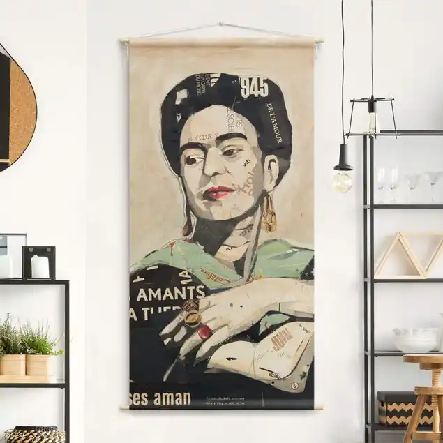 Heißes Angebot Frida Kahlo - Collage No.4 Wandteppich • Handarbeit aus Deutschland • inkl. Rundhölzer & Baumwollseil • lösemittelfrei • natürliche Raumwirkung
