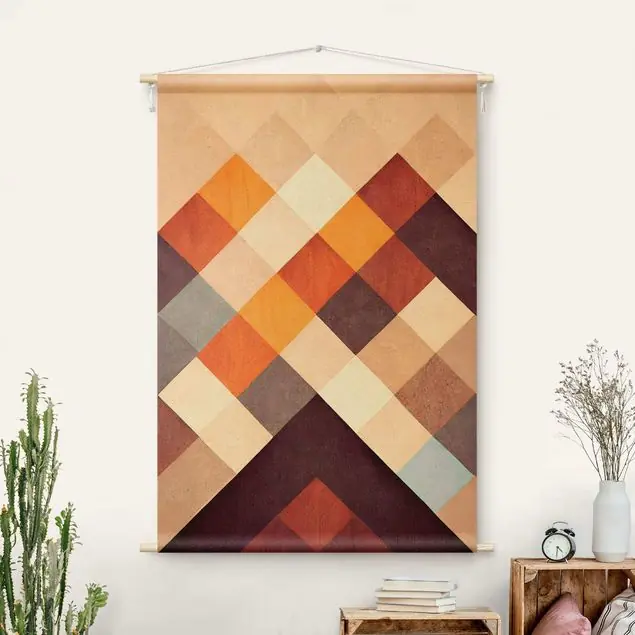 Markenprodukt Warmes Geometrie Muster Wandteppich • Handarbeit aus Deutschland • inkl. Rundhölzer & Baumwollseil • lösemittelfrei • natürliche Raumwirkung