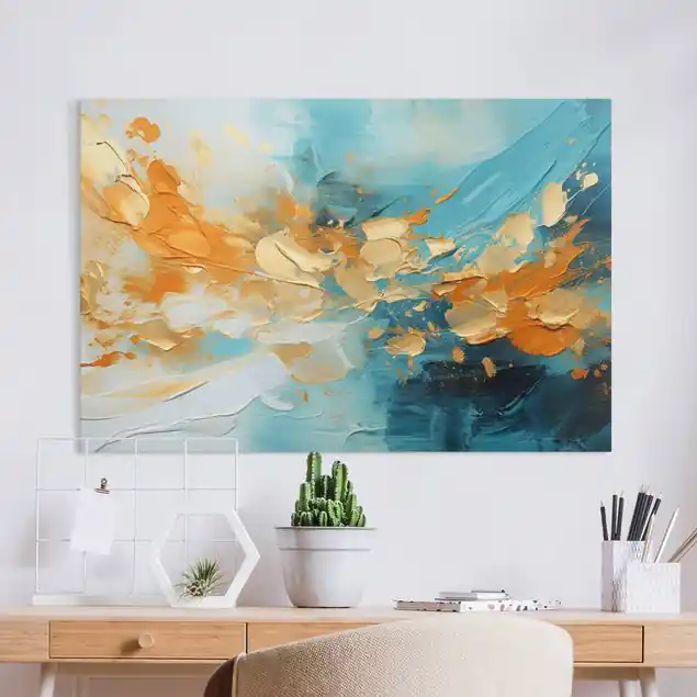 Kostenloser Versand Impasto Türkis und Ocker Leinwandbild • hergestellt in Deutschland • langlebiges Canvas mit Holzkeilrahmen • klassische Struktur • 260 g/m²