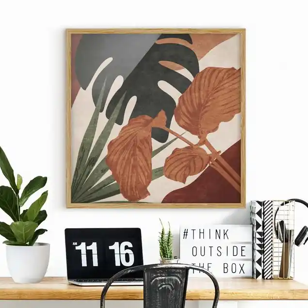 Tropische Boho Blätter Bild mit Rahmen in Manufakturqualität • Eiche naturbelassen • inkl. Rahmung von Hand • Made in Germany Wochenendangebot