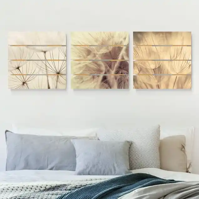 Pusteblumen und Gräser 3-teiliges Holzbild Plankenoptik - Quadrat Top-Seller